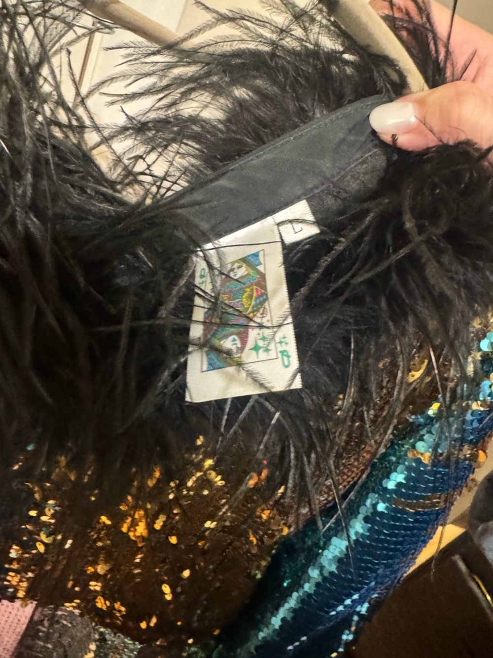 QUEEN OF SPARKLES Multicolor Sequin Tiered Dress with Black Feather Trim - Picture 3 of 3